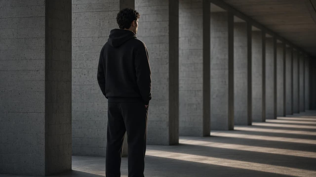 Model in a near-black hoodie and sweatpants in the shaded colonnade of a concrete building.