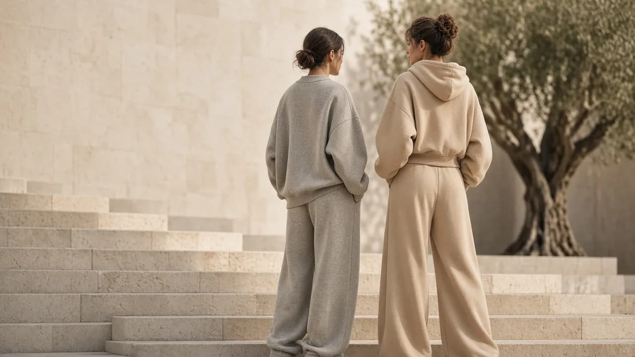 Two models in stone-grey and sand-beige organic cotton sets on a limestone villa staircase.